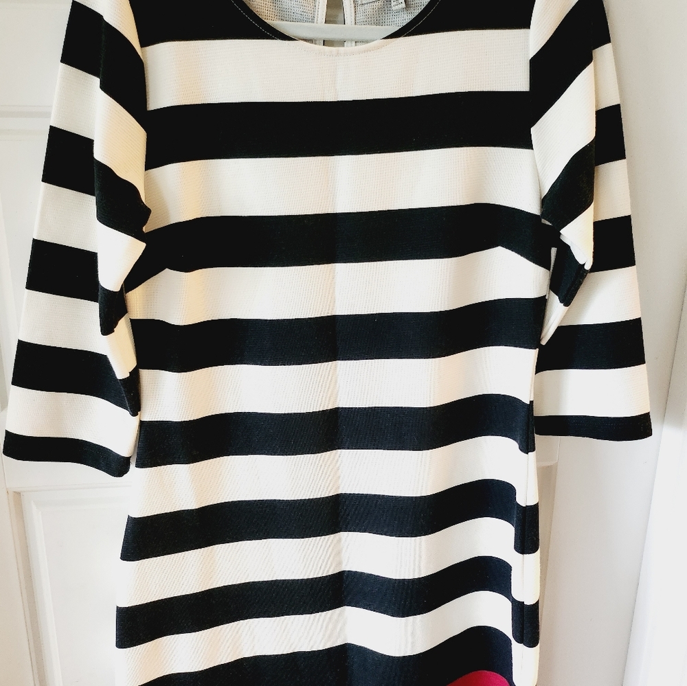 Almost Famous Large  Black White Burgundy  Striped Elbow Sleeve Sweater Dress